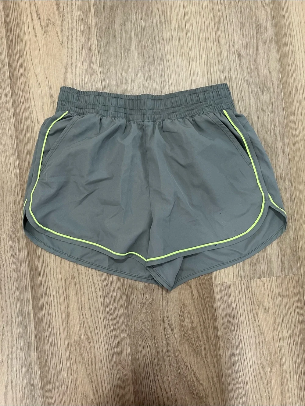 Athletic Works Gray Green Neon Trim Lined Running Shorts Size XS 0-2